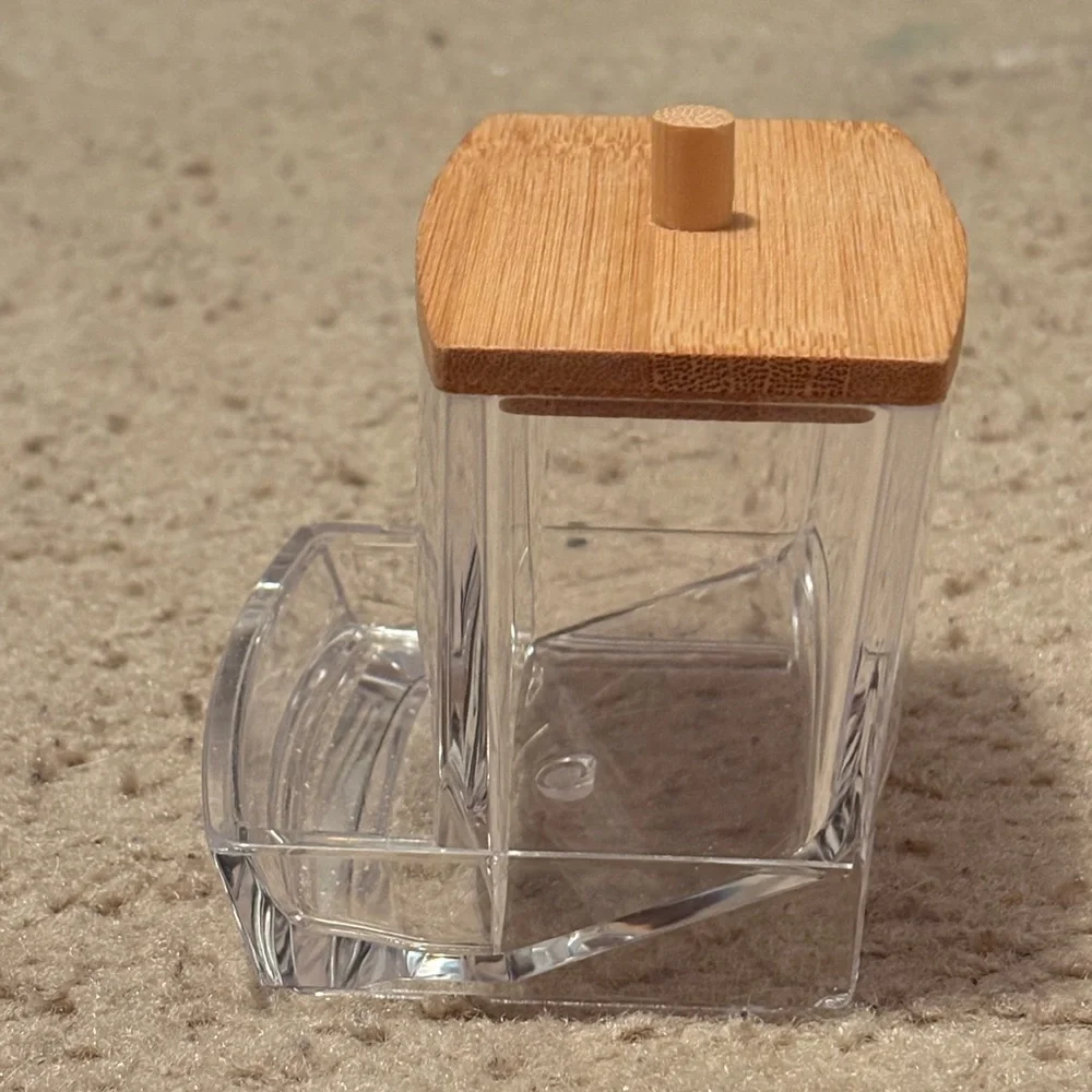 NWOT plastic q-tip holder with a wooden top